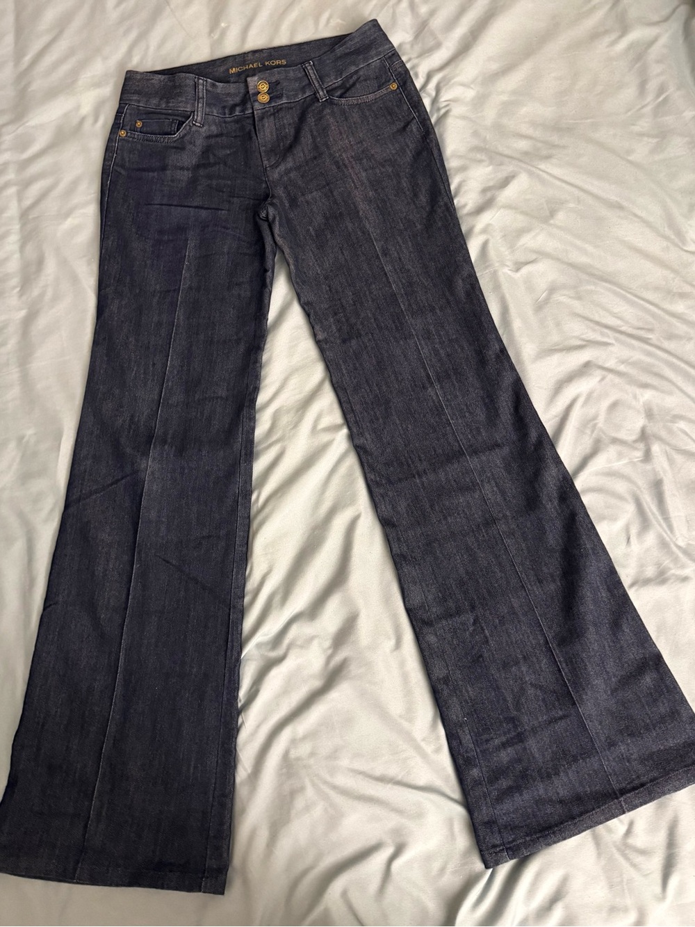 Michael Kors Deep Indigo Flare Jeans with Gold-Tone Hardware